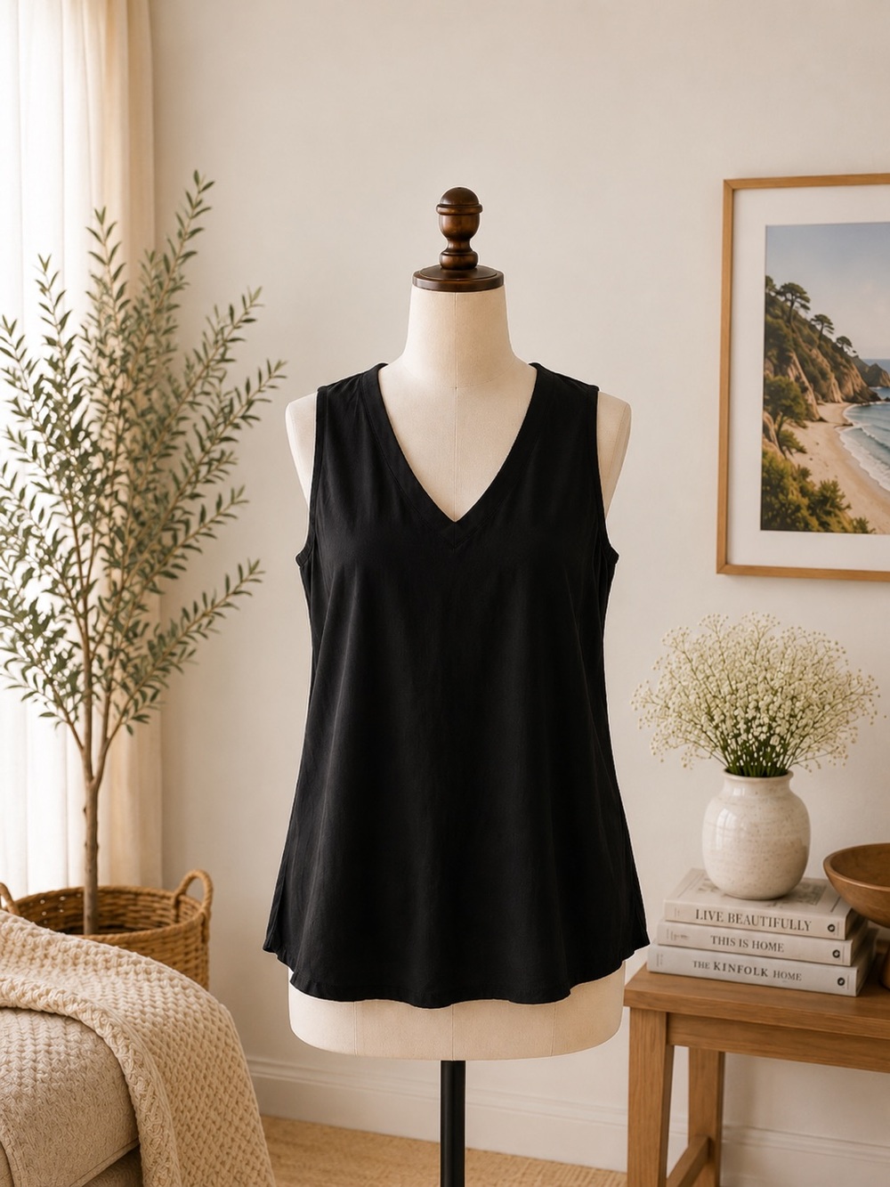 AUTOMET Eyelet Embroidered Tank Top Size L Black V Neck Vacation